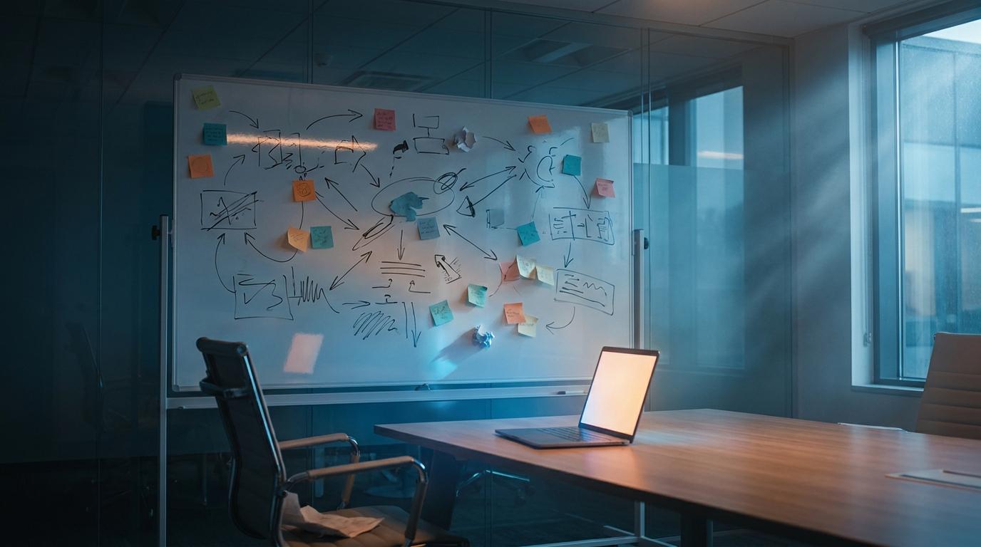 Conference room whiteboard with scattered sticky notes and abstract flowcharts