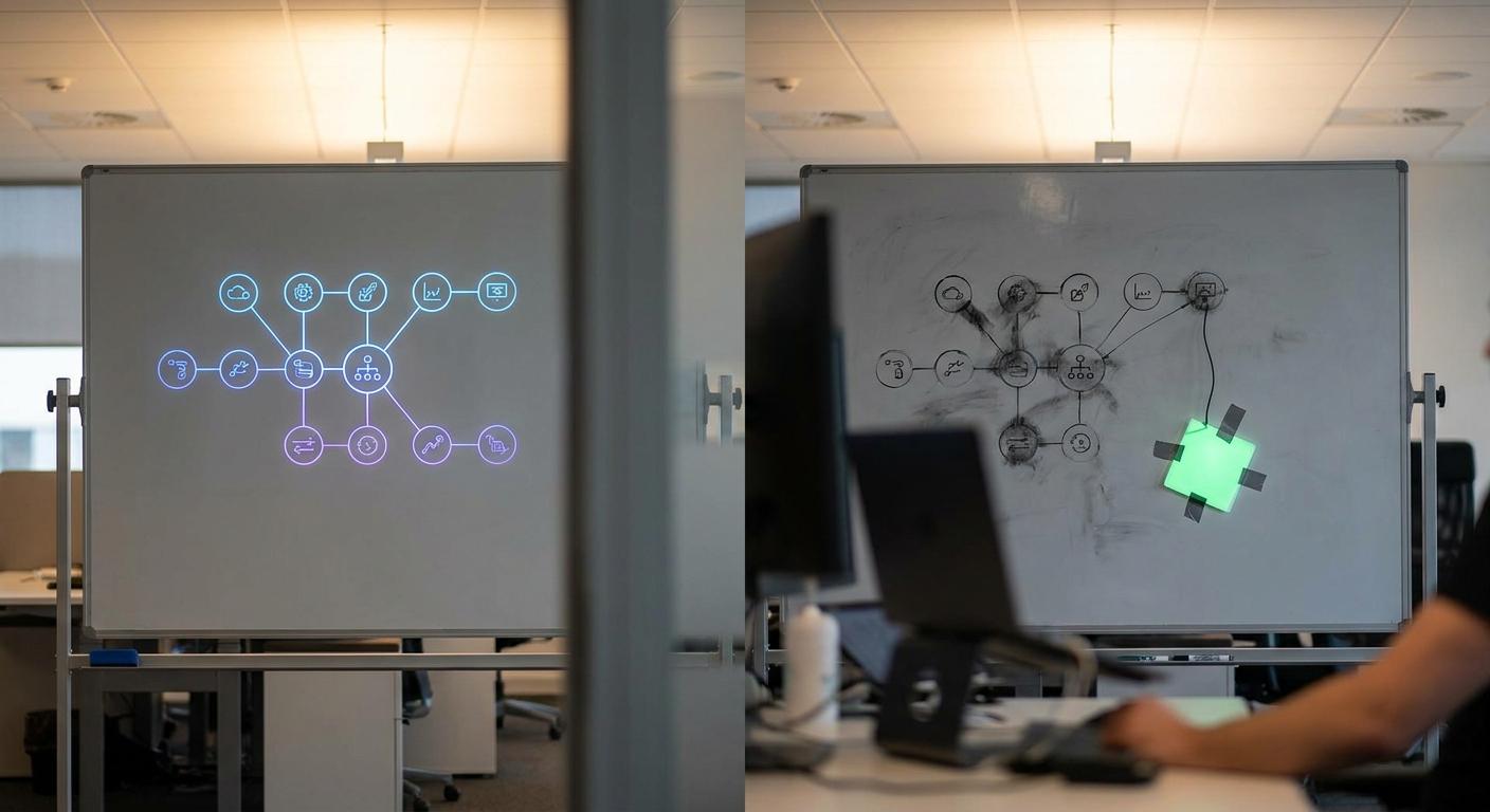 Split whiteboard comparison - connected AI workflow vs disconnected misfit element