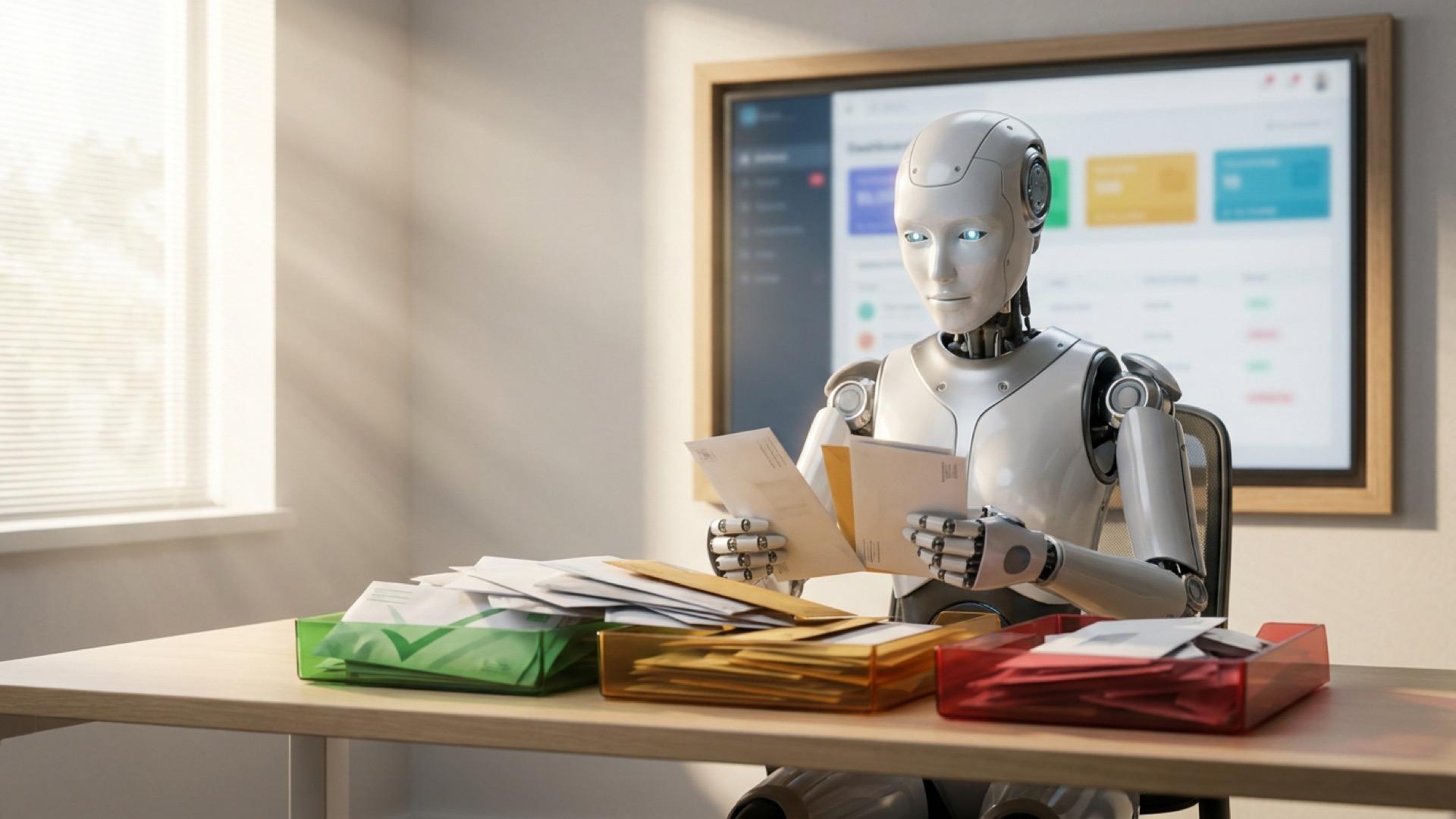 Robot sitting at desk sorting mail into color-coded trays with dashboard on screen behind